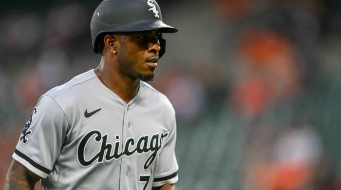 Aug 29, 2023; Baltimore, Maryland, USA; Chicago White Sox shortstop Tim Anderson (7) looks on during the first inning against the Baltimore Orioles at Oriole Park at Camden Yards. Mandatory Credit: Reggie Hildred-USA TODAY Sports